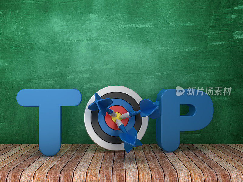 3D Word TOP与目标在黑板背景- 3D渲染